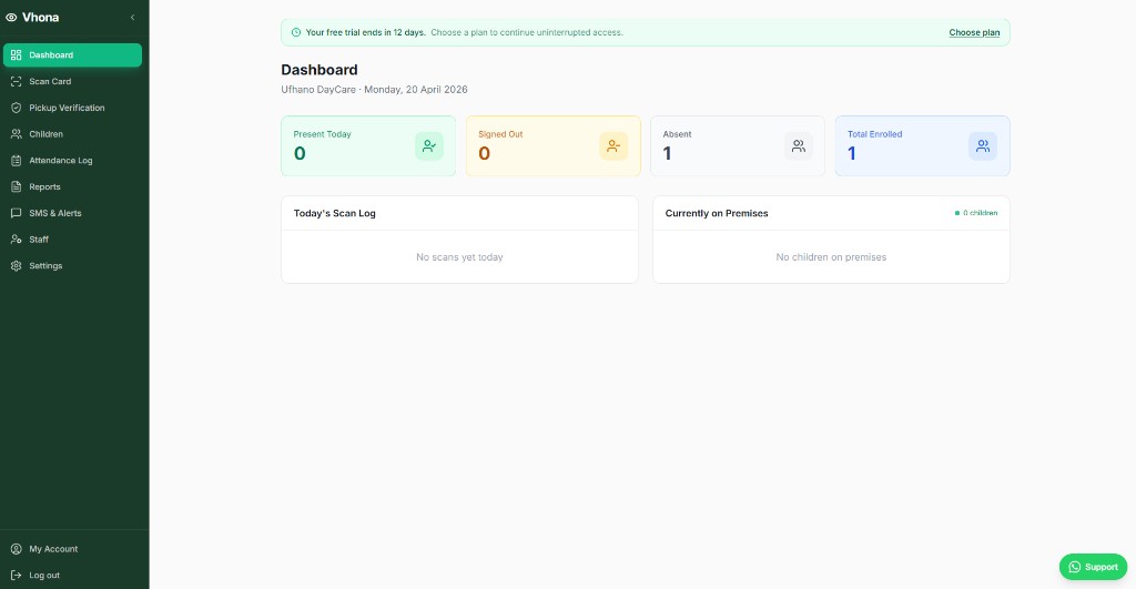 Vhona app dashboard showing daycare attendance, scan log, and on-premises status